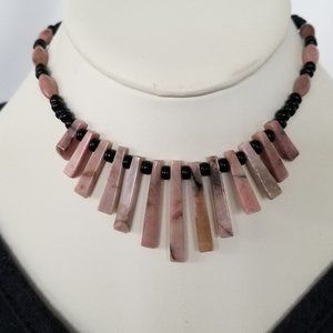 Onyx & Pink Quartz Girls Bib Necklace, 12"